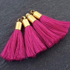 26mm Mini Violet Pink Soft Thread Tassels w-22k Gold Pl Cap - Per Pair