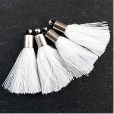 26mm Mini White Soft Thread Tassels w-Matte Ant Silver Cap - Per Pair