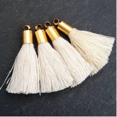 26mm Mini Light Cream Soft Thread Tassels w-Matte Gold Cap - Per Pair