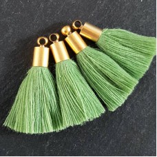 26mm Mini Sage Green Soft Thread Tassels w-Matte Gold Cap - Per Pair