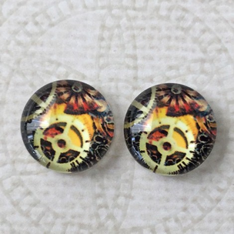 12mm Art Glass Backed Cabochons - Steampunk Series 7 - Per Pair 12mm Art Glass Backed Cabochons - Steampunk Series 7 - Per Pair