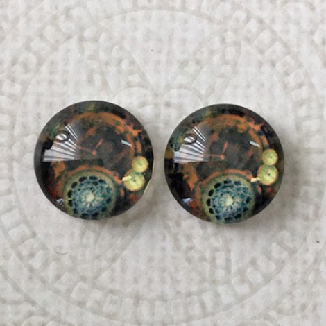 12mm Art Glass Backed Cabochons - Steampunk Machine - Per Pair