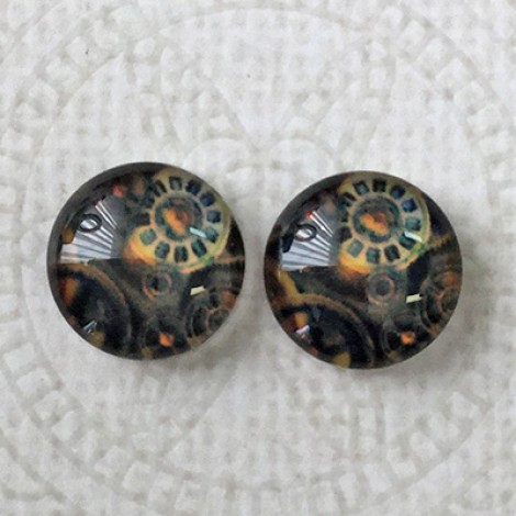 12mm Art Glass Backed Cabochons - Steampunk Machine 3 - Per Pair 12mm Art Glass Backed Cabochons - Steampunk Machine 3 - Per Pair