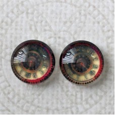 12mm Art Glass Backed Cabochons - Steampunk Clock  - Per Pair
