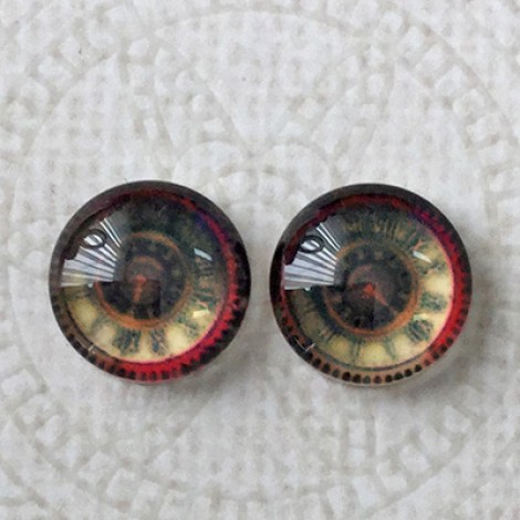 12mm Art Glass Backed Cabochons - Steampunk Clock - Per Pair 12mm Art Glass Backed Cabochons - Steampunk Clock - Per Pair