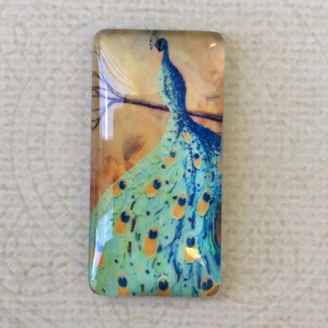 19x38mm Rectangle Art Glass Backed Cabochons - Peacock - Each