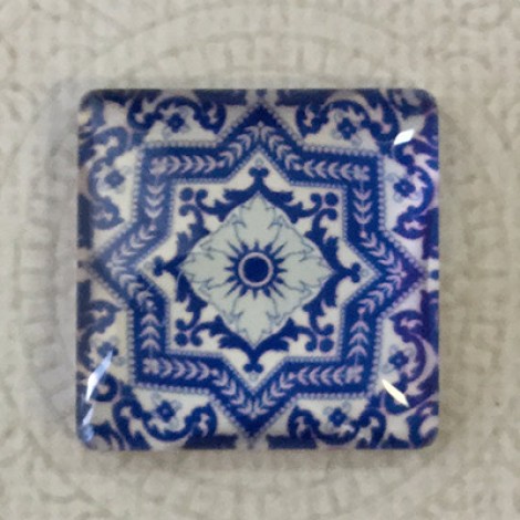 25mm Art Glass Backed Square Cabochons - Blue & White 1