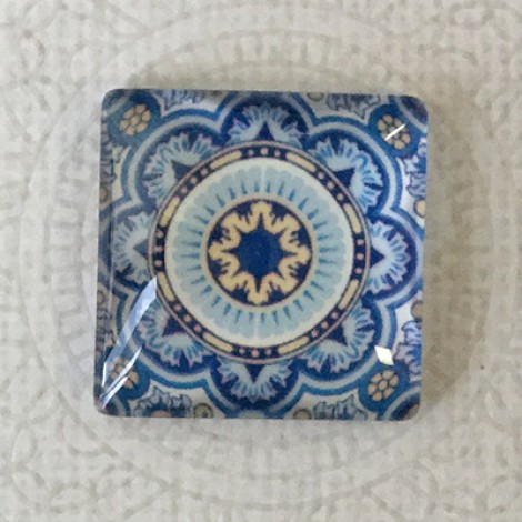 25mm Art Glass Backed Square Cabochons - Blue & White 10