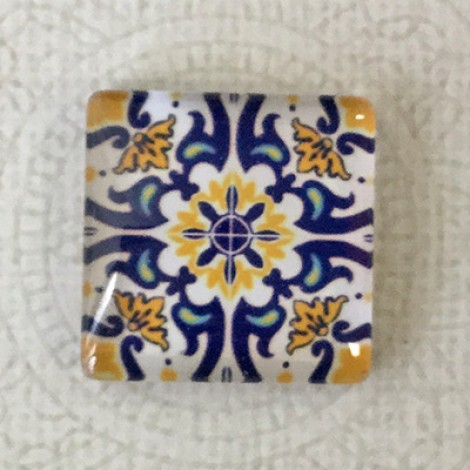 25mm Art Glass Backed Square Cabochons - Blue & White 12 - Each