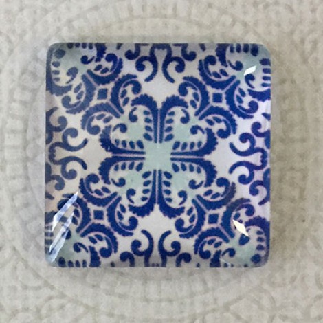 25mm Art Glass Backed Square Cabochons - Blue & White 2 - Each