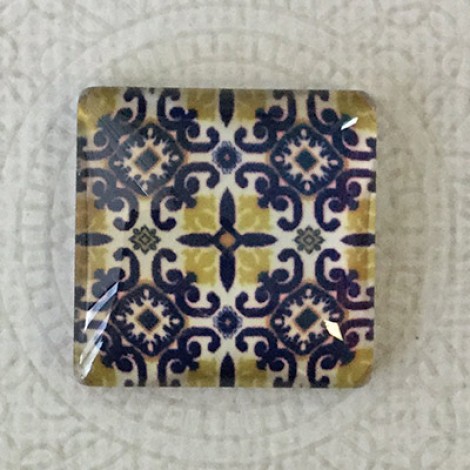 25mm Art Glass Backed Square Cabochons - Blue & White 6 - Each