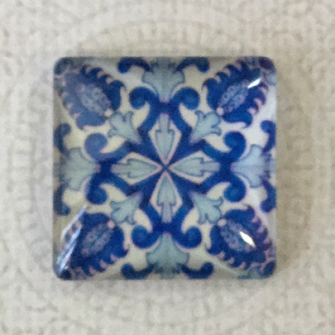 25mm Art Glass Backed Square Cabochons - Blue & White 7