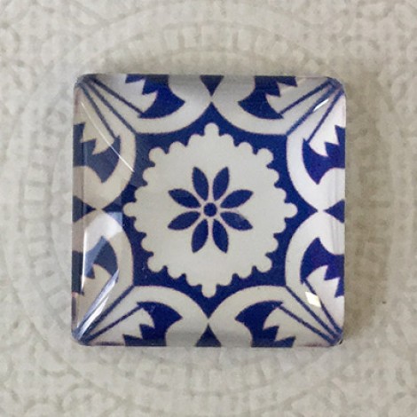 25mm Art Glass Backed Square Cabochons - Blue & White 9
