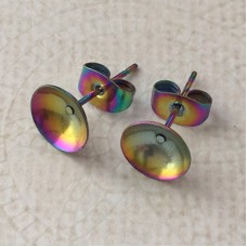 10mm Rainbow 304 Stainless Steel Pearl Setting Domed Earposts w-Clutches - Pack of 2 Pair