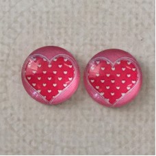 12mm Art Glass Backed Cabochons  - Pink Polka Dot Hearts - Per Pair