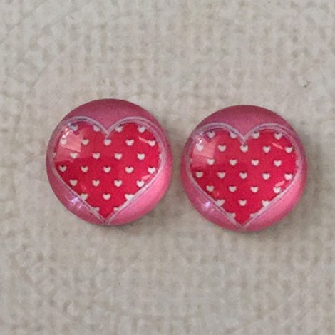 12mm Art Glass Backed Cabochons  - Pink Polka Dot Hearts