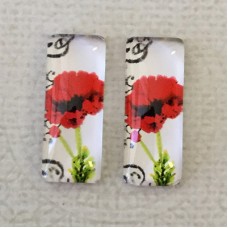 10x25mm Rectangle Art Glass Backed Cabochons - Red Poppies 10 - Per Pair