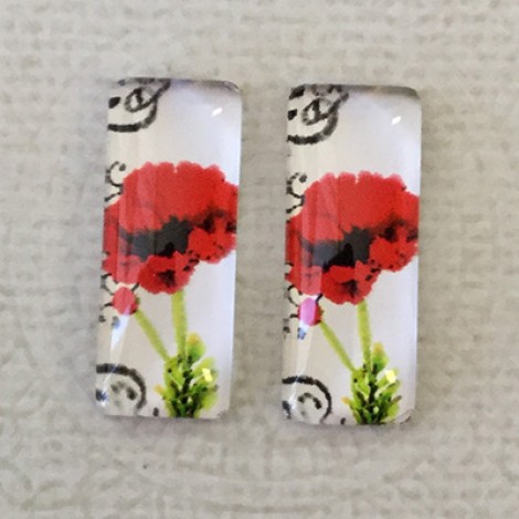 10x25mm Rectangle Art Glass Backed Cabochons - Red Poppies 10 - Per Pair 10x25mm Rectangle Art Glass Backed Cabochons - Red Poppies 10 - Per Pair