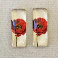 10x25mm Rectangle Art Glass Backed Cabochons - Red Poppies 11 - Per Pair