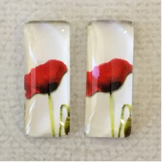10x25mm Rectangle Art Glass Backed Cabochons - Red Poppies 12 - Per Pair