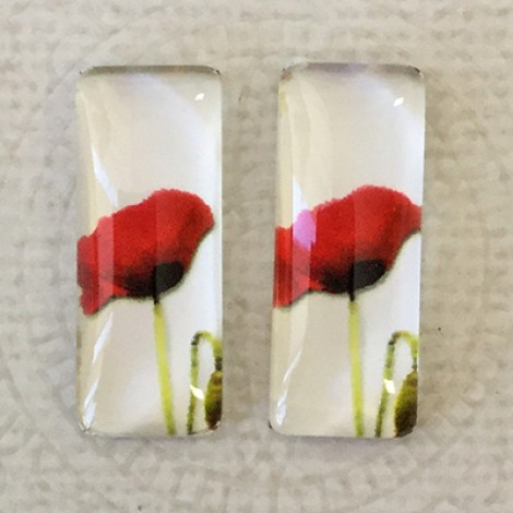 10x25mm Rectangle Art Glass Backed Cabochons - Red Poppies 12 - Per Pair