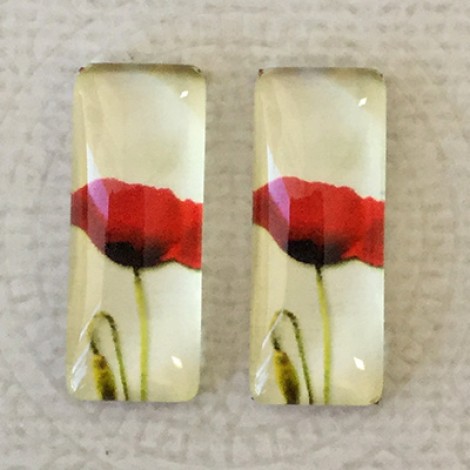 10x25mm Rectangle Art Glass Backed Cabochons - Red Poppies 13 - Per Pair 10x25mm Rectangle Art Glass Backed Cabochons - Red Poppies 13 - Per Pair