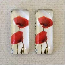 10x25mm Rectangle Art Glass Backed Cabochons - Red Poppies 14 - Per Pair