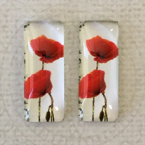 10x25mm Rectangle Art Glass Backed Cabochons - Red Poppies 14 - Per Pair 10x25mm Rectangle Art Glass Backed Cabochons - Red Poppies 14 - Per Pair