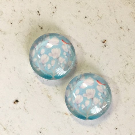12mm Art Glass Backed Cabochons - White Flowers & Bird - Per Pair 12mm Art Glass Backed Cabochons - White Flowers & Bird - Per Pair