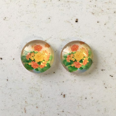 12mm Art Glass Backed Cabochons - Spring Flowers - Per Pair 12mm Art Glass Backed Cabochons - Spring Flowers - Per Pair