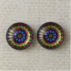 12mm Art Glass Backed Cabochons - Rainbow Kaleidescope 10 - Per Pair