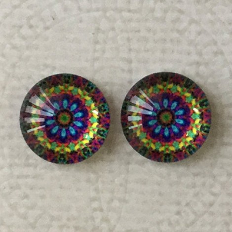 12mm Art Glass Backed Cabochons - Rainbow Kaleidescope 10 - Per Pair 12mm Art Glass Backed Cabochons - Rainbow Kaleidescope 10 - Per Pair