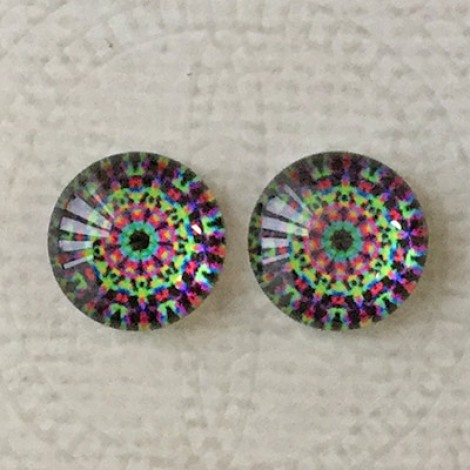 12mm Art Glass Backed Cabochons - Rainbow Kaleidescope 11 - Per Pair