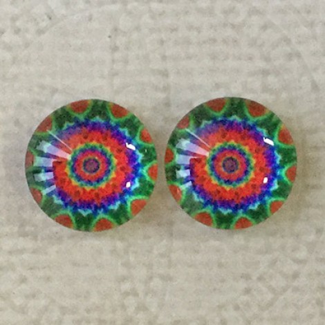12mm Art Glass Backed Cabochons - Rainbow Kaleidescope 4 - Per Pair