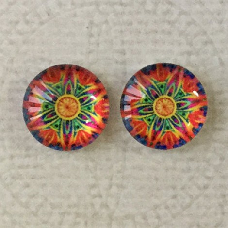 12mm Art Glass Backed Cabochons - Rainbow Kaleidescope 7 - Per Pair