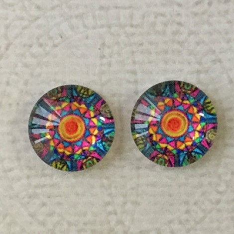 12mm Art Glass Backed Cabochons - Rainbow Kaleidescope 8 - Per Pair 12mm Art Glass Backed Cabochons - Rainbow Kaleidescope 8 - Per Pair