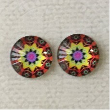 12mm Art Glass Backed Cabochons - Rainbow Kaleidescope 9 - Per Pair