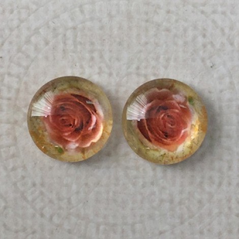 12mm Art Glass Backed Cabochons - Rose Design 1 - Per Pair 12mm Art Glass Backed Cabochons - Rose Design 1 - Per Pair