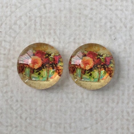 12mm Art Glass Backed Cabochons - Rose Design 2 - Per Pair 12mm Art Glass Backed Cabochons - Rose Design 2 - Per Pair