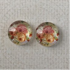 12mm Art Glass Backed Cabochons - Rose Design 5 - Per Pair