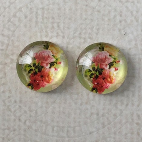 12mm Art Glass Backed Cabochons - Rose Design 8 - Per Pair