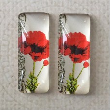 10x25mm Rectangle Art Glass Backed Cabochons - Red Poppies 9 - Per Pair