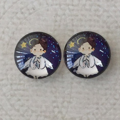12mm Art Glass Backed Cabochons  - Santa Design 6 - Per Pair