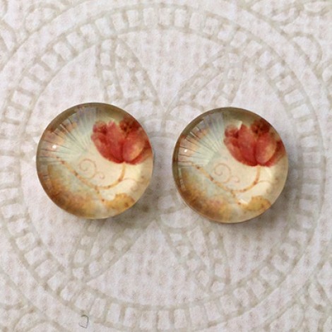 12mm Art Glass Backed Cabochons - Single Red Poppy - Per Pair
