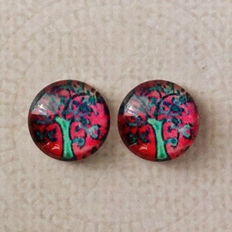 12mm Art Glass Backed Cabochons - Tree of Life Design 5 - Per Pair 12mm Art Glass Backed Cabochons - Tree of Life Design 5 - Per Pair