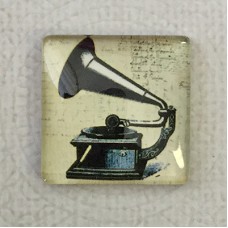 25mm Art Glass Backed Square Cabochons - Vintage Steampunk - Gramophone - Each