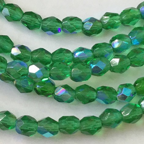 4mm Czech Firepolish Beads - Green Emerald AB