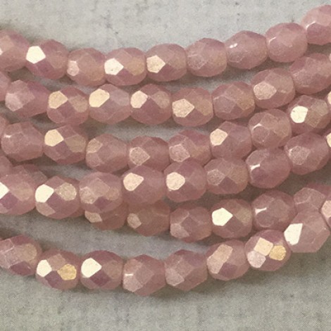 4mm Czech Firepolish Beads - Sueded Gold Milky Pink