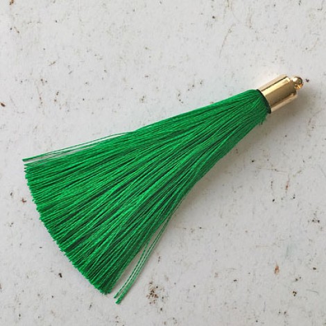 70mm Silk Tassels with Gold Beadcap - Emerald Green