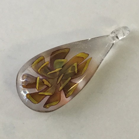 23x50mm Olive Green Lampwork Glass Flower Teardrop Pendant